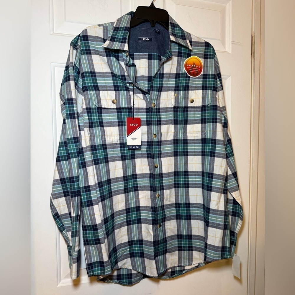 Izod Harbor Twill Plaid Button Up Shirt Blue Green NWT Flannel Medium Heat FX